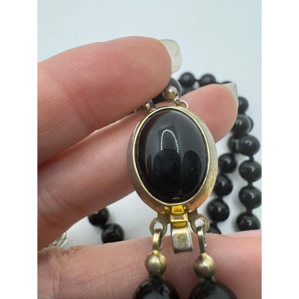Vintage Black Double Strand Beaded Necklace Gold Tone Cabochon Gothic Victorian